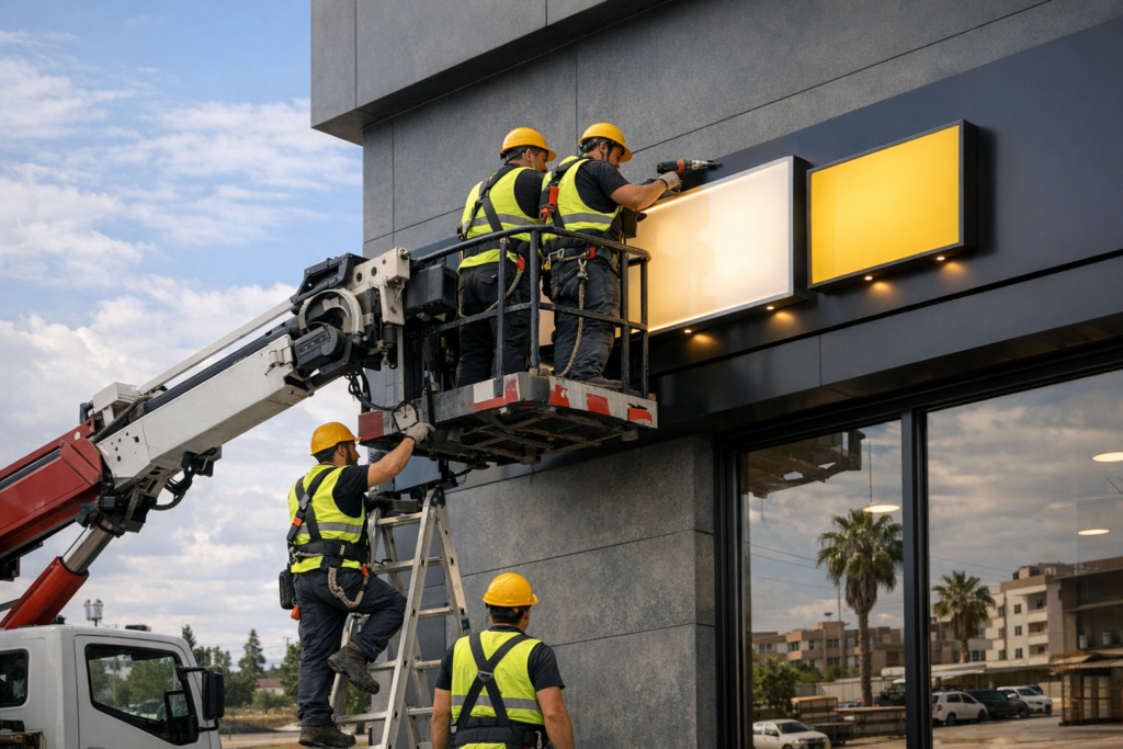 Montaj ekibinin cepheye ışıklı panel monte etmesi, gündüz aksiyon görüntüsü
