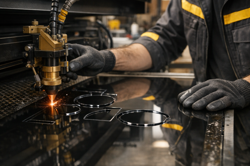 Atölyede pleksi kesim işlemi ve CNC makinesi