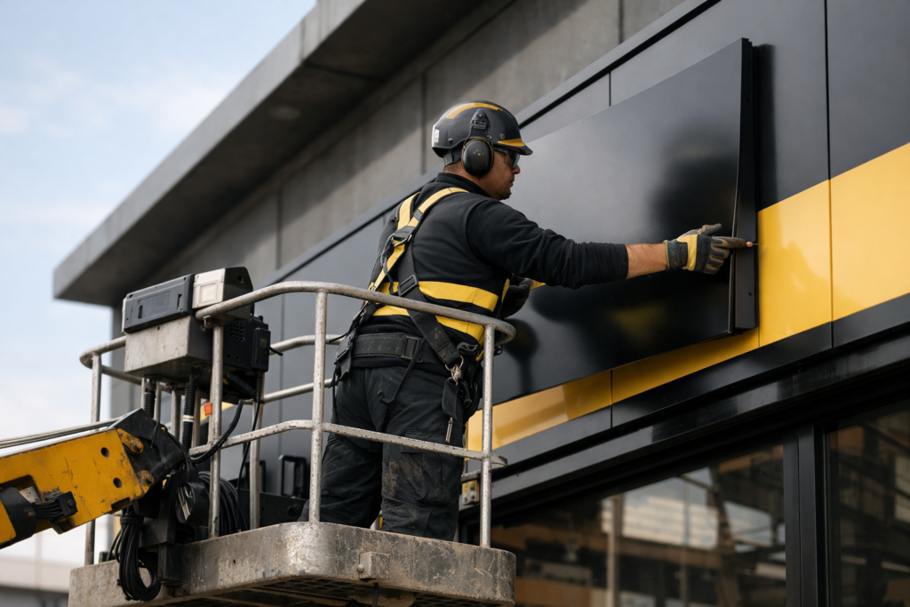 Işıklı kutu harflerin yakın plan üretim detayı